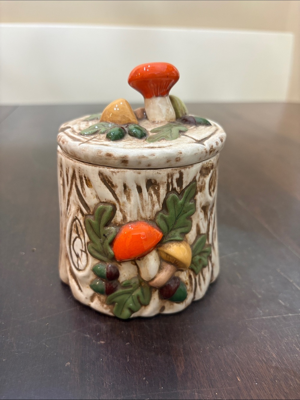 Hand Crafted Ceramic Mushroom Sugar Jar with Orange and Green Accents